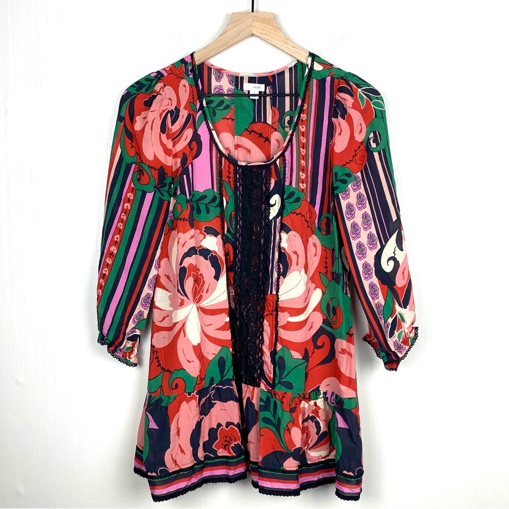 Anthropologie‎ Odille Top Womens 2 Minted Melon Floral Multicolor 100% Silk